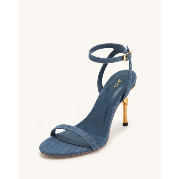 JW PEI Alivia Gold Metal Heel Sandals in Denim Blue | Sandals | Coveti