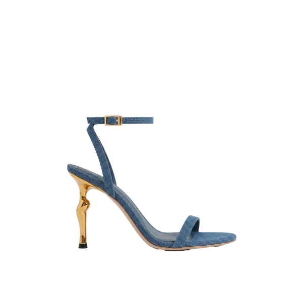 JW PEI Alivia Gold Metal Heel Sandals in Denim Blue | Sandals | Coveti
