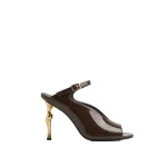 JW PEI Alivia Gold Metal Peep-Toe Heels in Dark Brown | Heels | Coveti