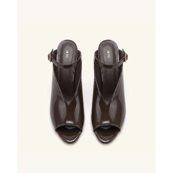 JW PEI Alivia Gold Metal Peep-Toe Heels in Dark Brown | Heels | Coveti