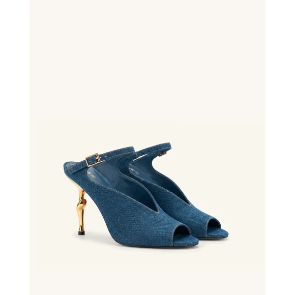 JW PEI Alivia Gold Metal Peep-Toe Heels in Denim Blue | Heels | Coveti