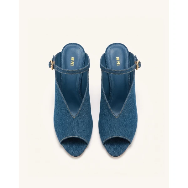 JW PEI Alivia Gold Metal Peep-Toe Heels in Denim Blue | Heels | Coveti