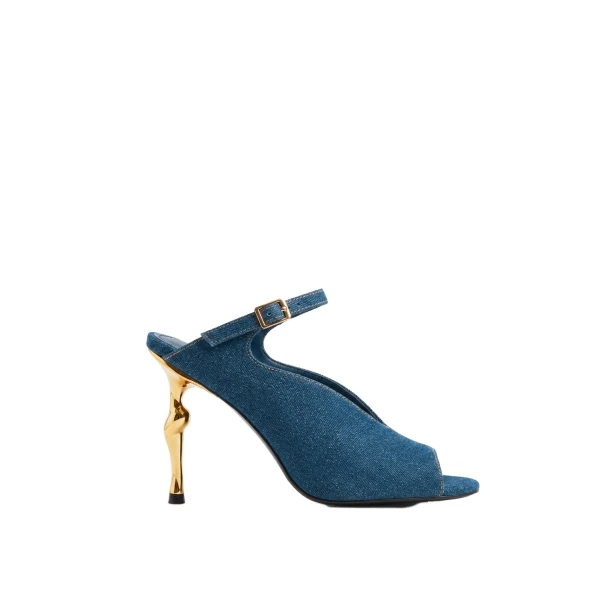 JW PEI Alivia Gold Metal Peep-Toe Heels in Denim Blue | Heels | Coveti