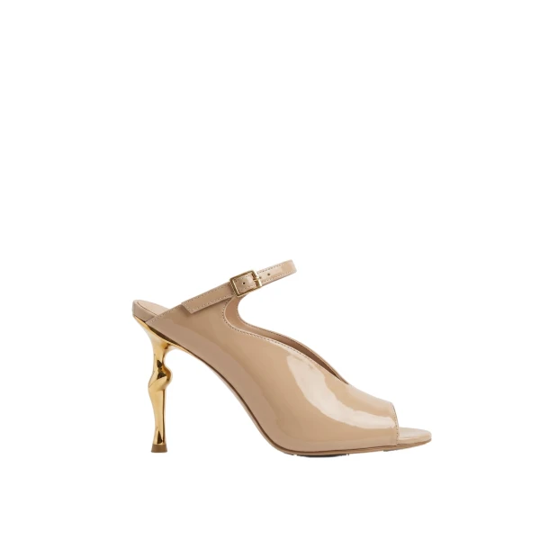 JW PEI Alivia Gold Metal Peep-Toe Heels in Khaki | Heels | Coveti