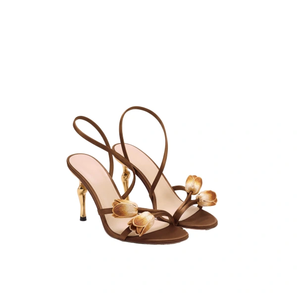 JW PEI Amara Tulip Embroidered Wraparound Heels in Brown | Heels | Coveti