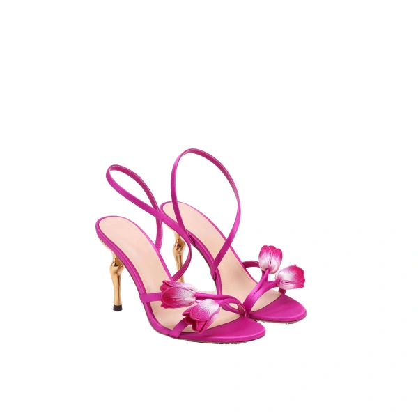 Amara Tulip Embroidered Wraparound Heels in Fuchsia