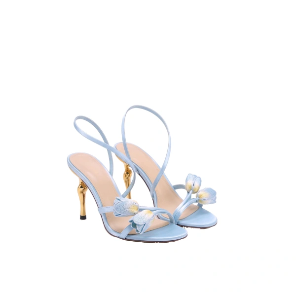 Amara Tulip Embroidered Wraparound Heels in Light Blue