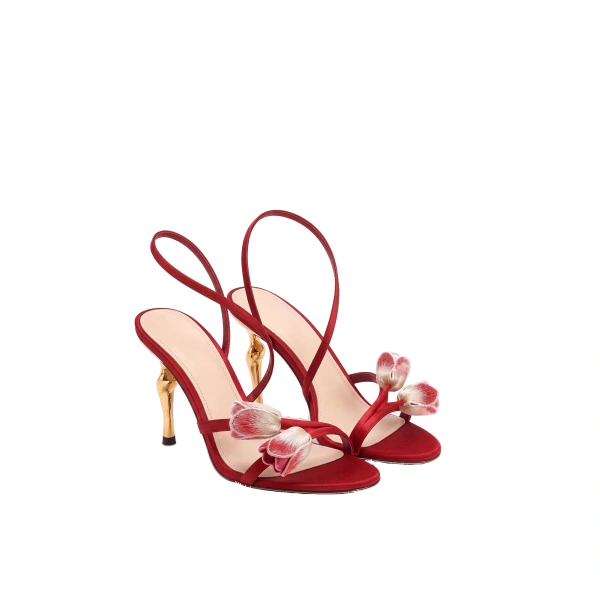 Amara Tulip Embroidered Wraparound Heels in Red