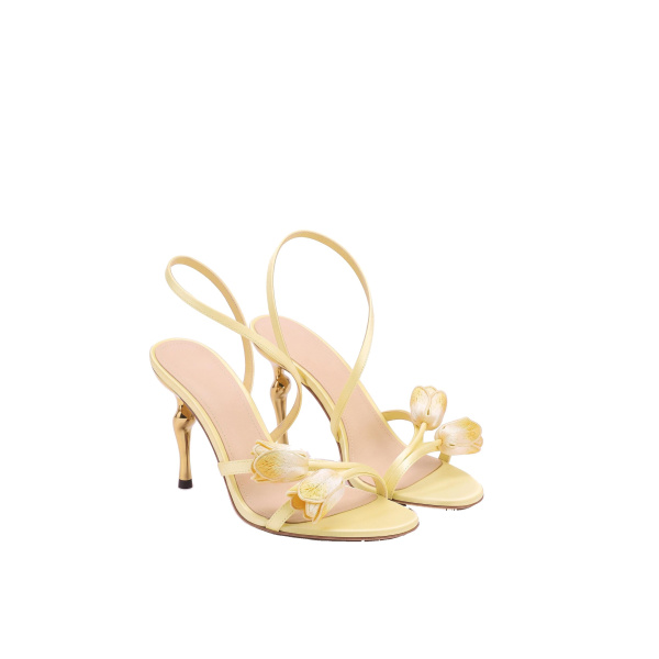 Amara Tulip Embroidered Wraparound Heels in Yellow