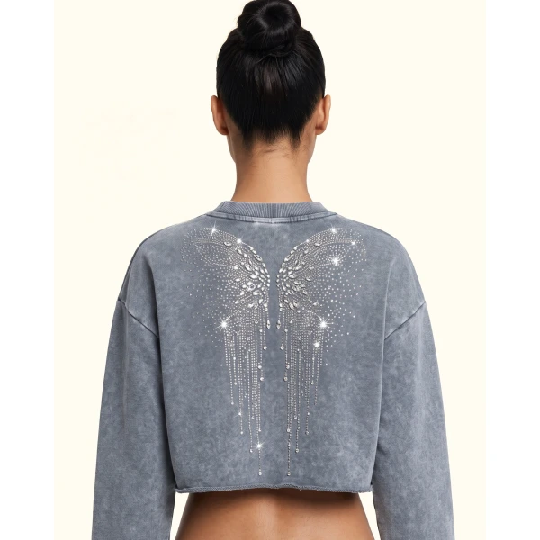 JW PEI Angelic Dripping Crystal Wings Sweatshirt in Ash Cloud | Tops | Coveti