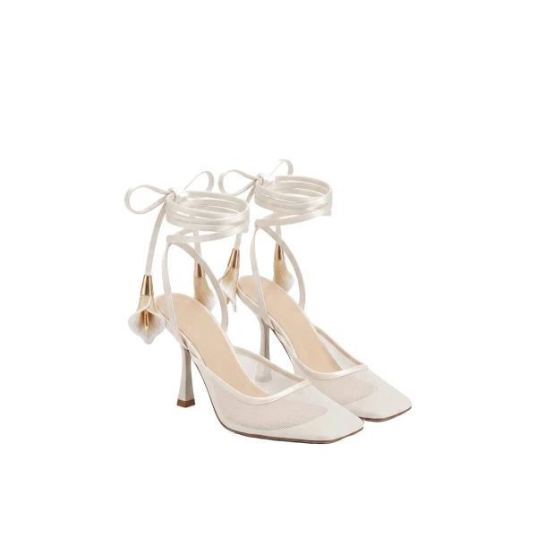JW PEI Astrid Calla Lily Lace-Up Mesh Pumps in Beige | Heels | Coveti