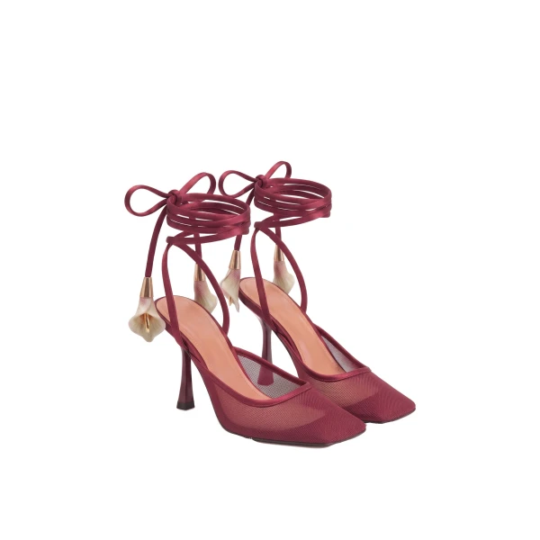 JW PEI Astrid Calla Lily Lace-Up Mesh Pumps in Burgundy | Heels | Coveti