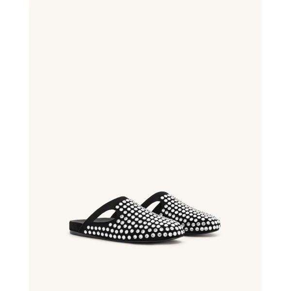 JW PEI Athena Artificial Crystal Flat Mules in Black | Mules | Coveti