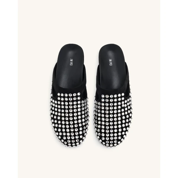 JW PEI Athena Artificial Crystal Flat Mules in Black | Mules | Coveti