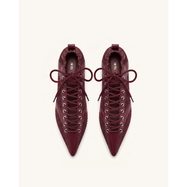 JW PEI Ava Lace-Up Mesh Flats in Burgundy | Flats | Coveti