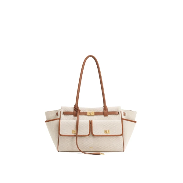 JW PEI Avery Canvas Double Pocket Buckle Tote Bag in Ivory & Brown | Totes & Top-Handle Bags | Coveti