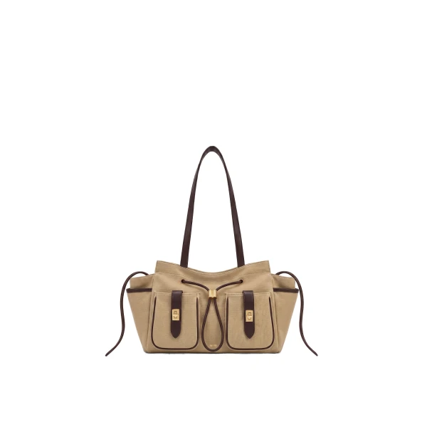 JW PEI Avery Canvas Double Pocket Drawstring Tote Bag in Khaki | Totes & Top-Handle Bags | Coveti