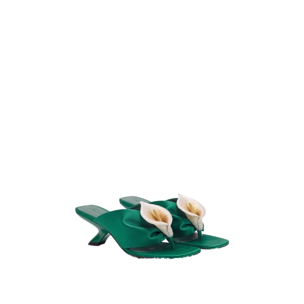 JW PEI Bianca Calla Lily Ruched Toe-Post Heeled Sandals in Emerald Green | Sandals | Coveti
