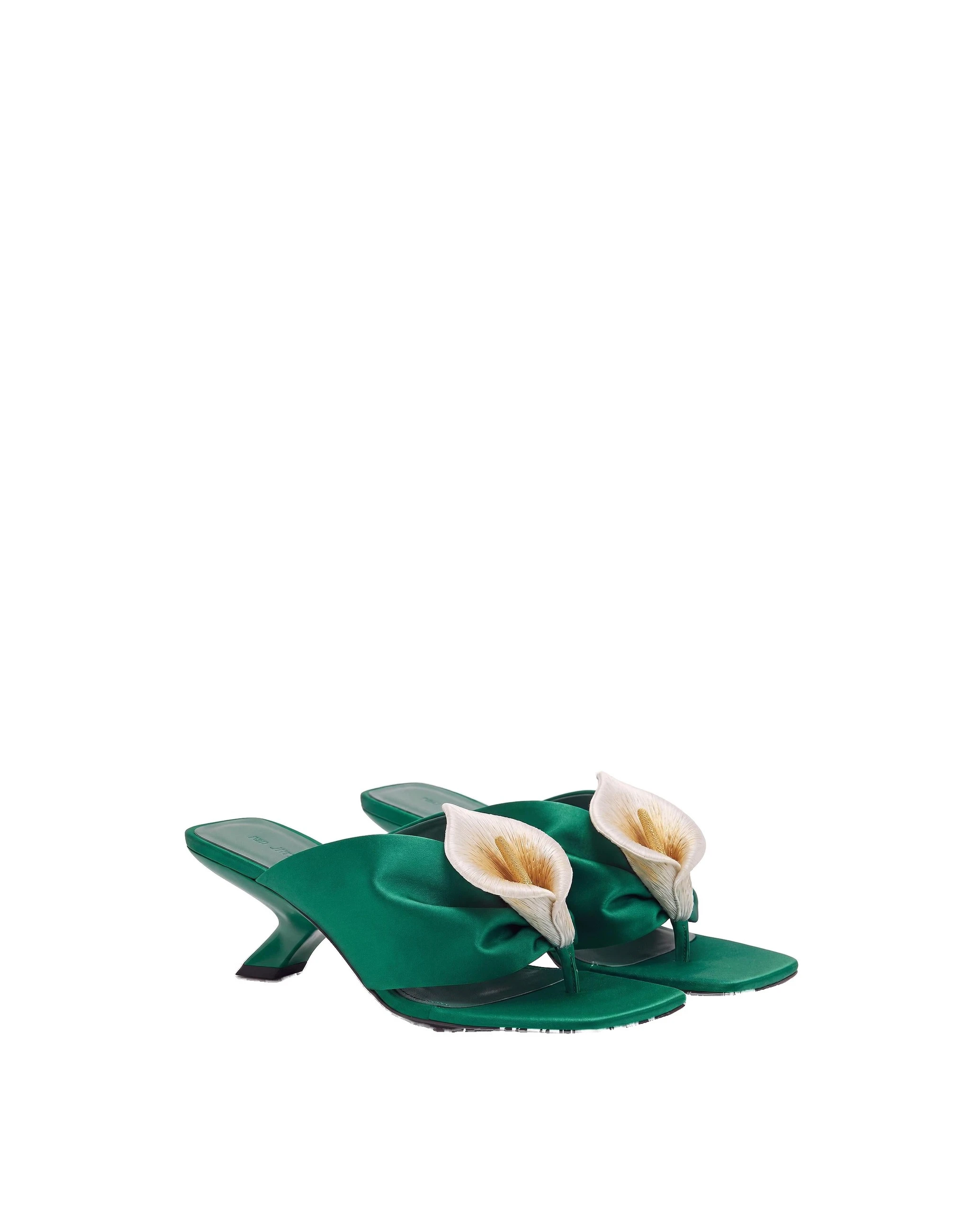 JW PEI Bianca Calla Lily Ruched Toe-Post Heeled Sandals in Emerald Green JW PEI Bianca Calla Lily Ruched Toe-Post Heeled Sandals in Emerald Green | Sandals | Coveti