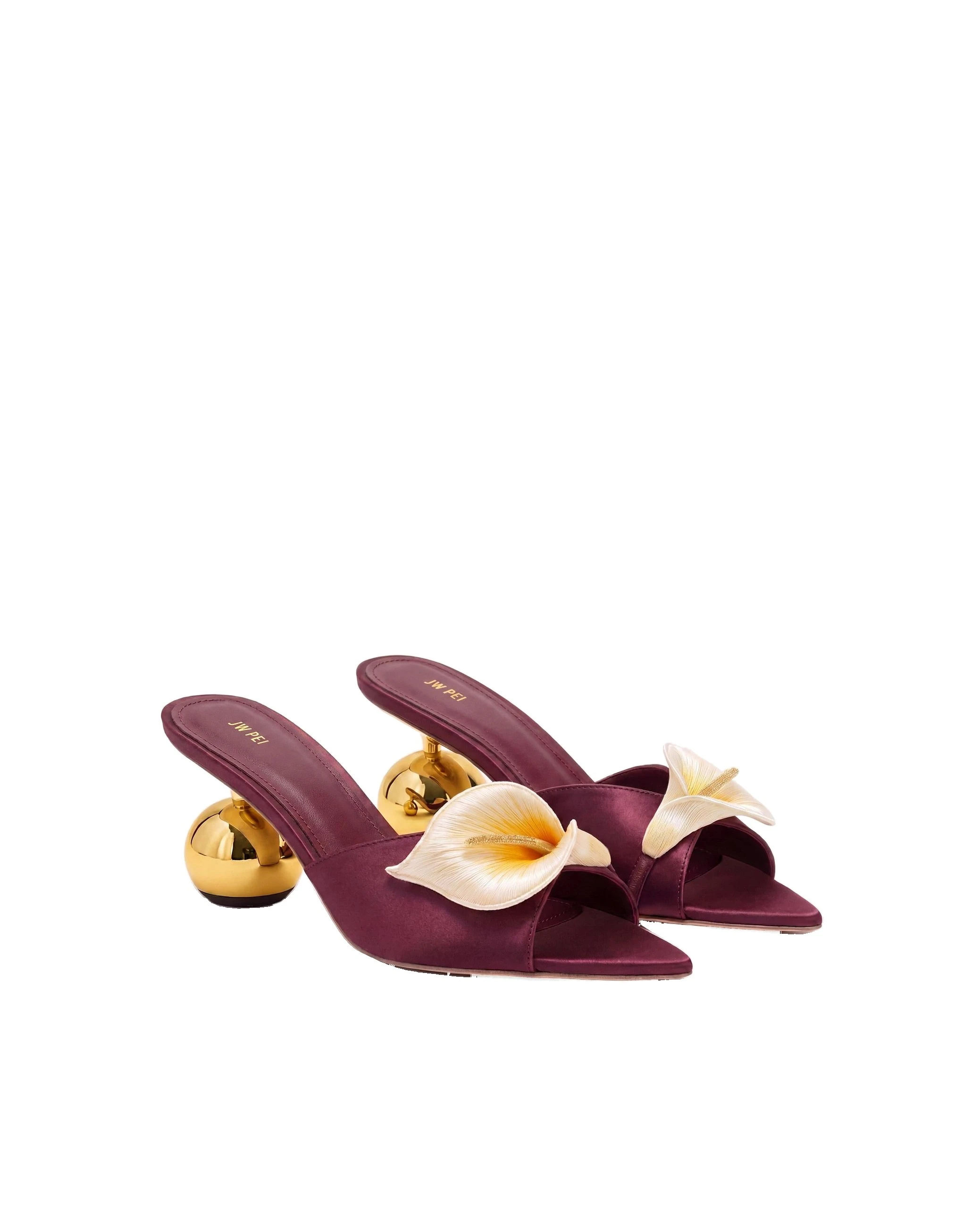 JW PEI Bianca Calla Lily Sphere Heel Mules in Burgundy JW PEI Bianca Calla Lily Sphere Heel Mules in Burgundy | Mules | Coveti