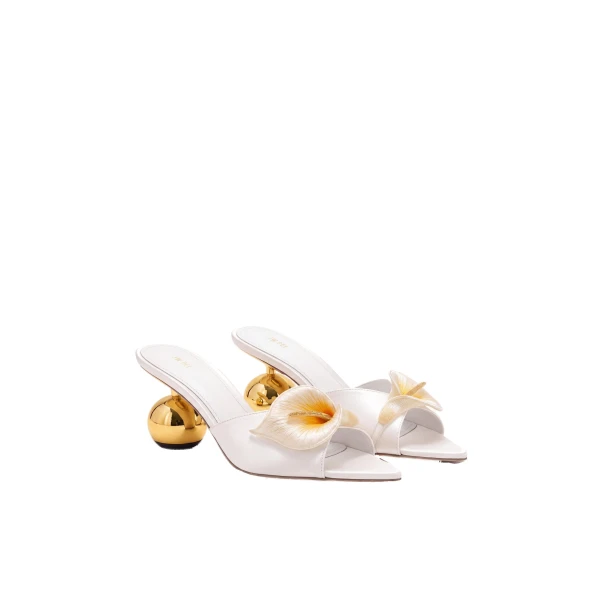 JW PEI Bianca Calla Lily Sphere Heel Mules in White | Mules | Coveti