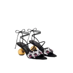 JW PEI Celia Orchid Embroidered Sphere Heel Lace-Up Sandals in Black | Sandals | Coveti