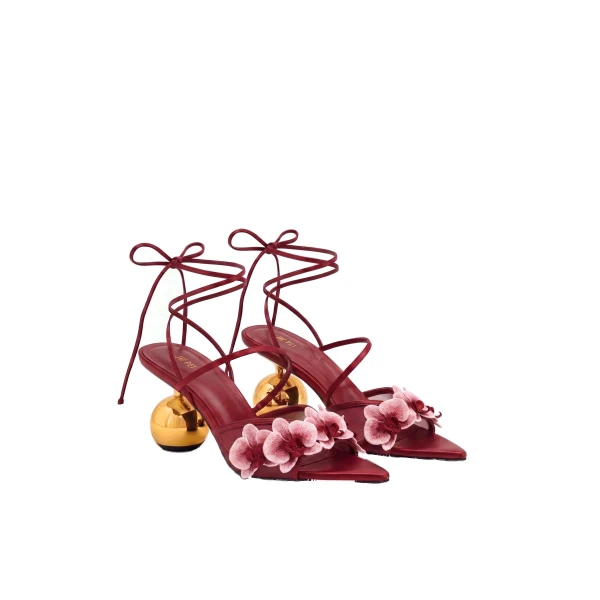JW PEI Celia Orchid Embroidered Sphere Heel Lace-Up Sandals in Burgundy | Sandals | Coveti