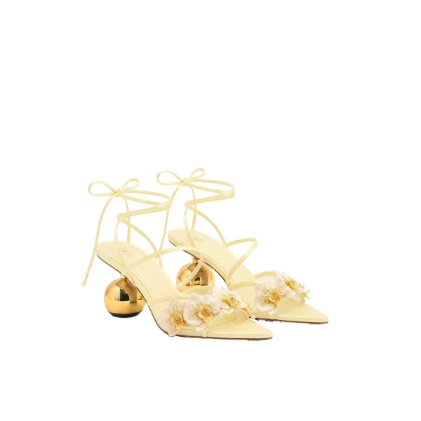 JW PEI Celia Orchid Embroidered Sphere Heel Lace-Up Sandals in Yellow | Sandals | Coveti