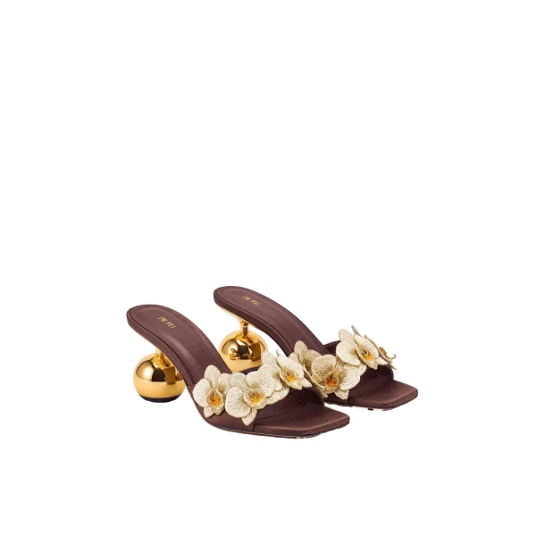JW PEI Celia Orchid Embroidered Sphere Heel Mules in Brown | Mules | Coveti