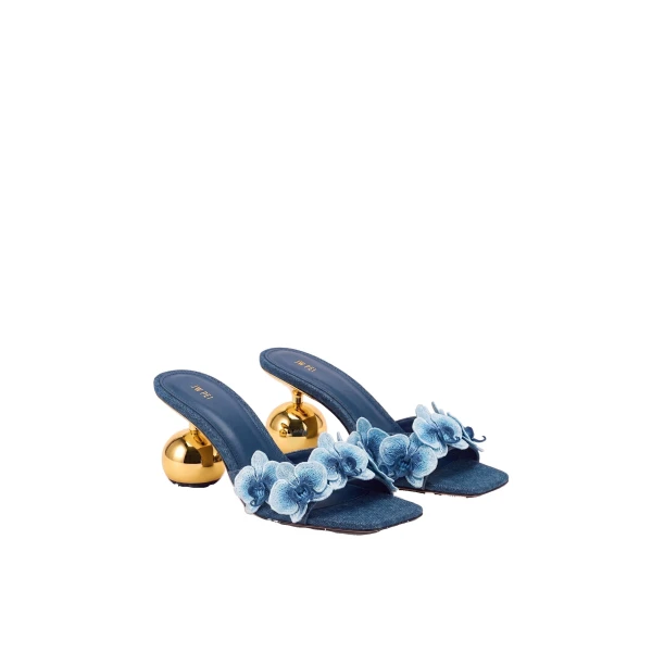 JW PEI Celia Orchid Embroidered Sphere Heel Mules in Denim Blue | Mules | Coveti