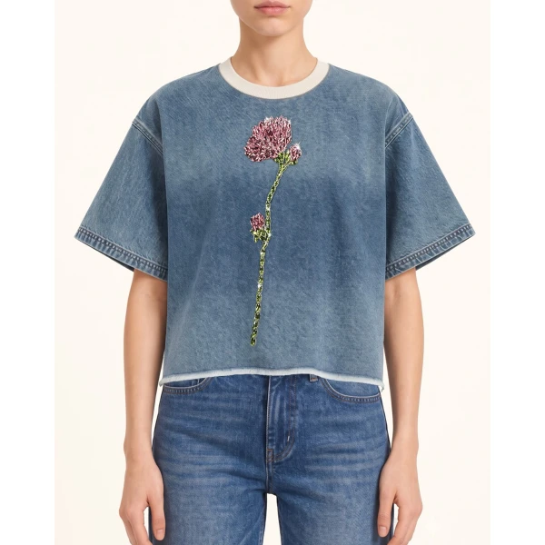 JW PEI Contrast Rib Denim Cropped Rhinestone Rose Tee in Washed Blue | Tops | Coveti