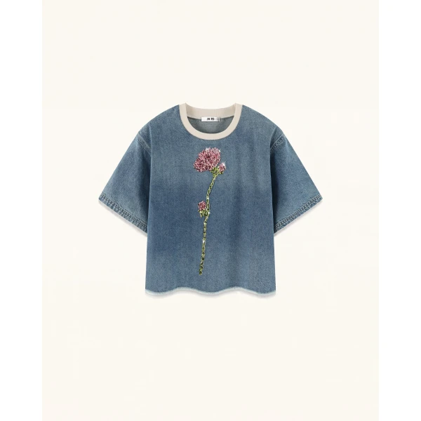JW PEI Contrast Rib Denim Cropped Rhinestone Rose Tee in Washed Blue | Tops | Coveti