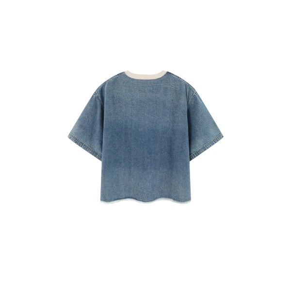 JW PEI Contrast Rib Denim Cropped Rhinestone Rose Tee in Washed Blue | Tops | Coveti