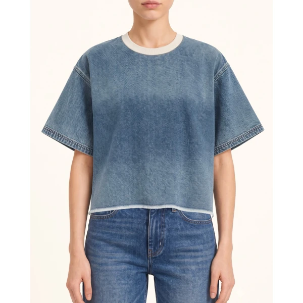 JW PEI Contrast Rib Denim Cropped Tee in Washed Blue | Tops | Coveti
