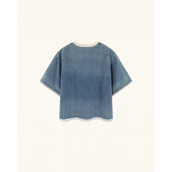 JW PEI Contrast Rib Denim Cropped Tee in Washed Blue | Tops | Coveti