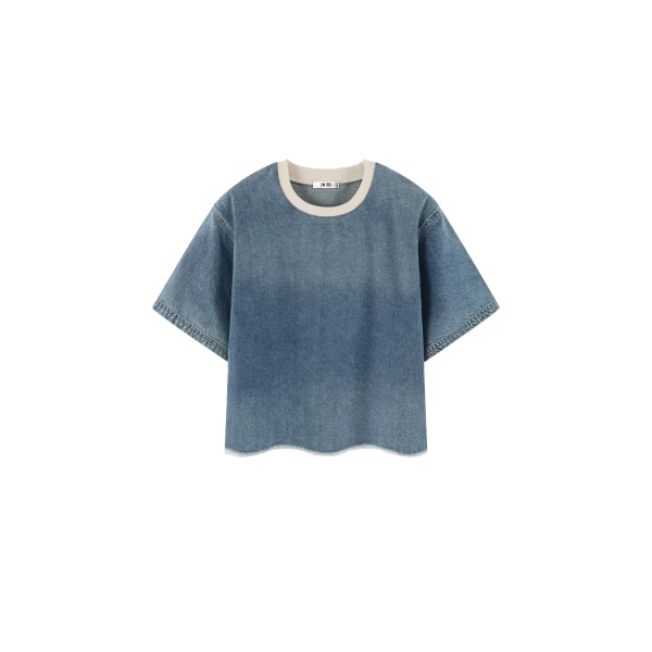 Contrast Rib Denim Cropped Tee in Washed Blue