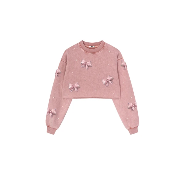 JW PEI Coquette 3D Satin Bow Pearl Sweatshirt in Vintage Pink | Tops | Coveti