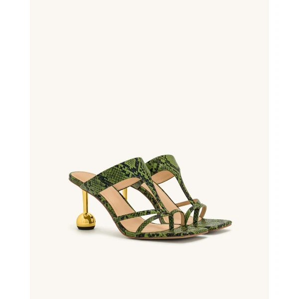 JW PEI Cora Snakeskin Heeled Flip-Flops in Green | Sandals | Coveti