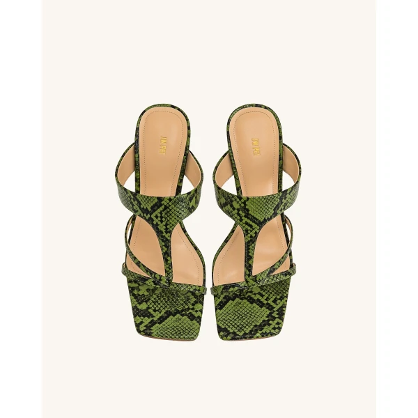 JW PEI Cora Snakeskin Heeled Flip-Flops in Green | Sandals | Coveti