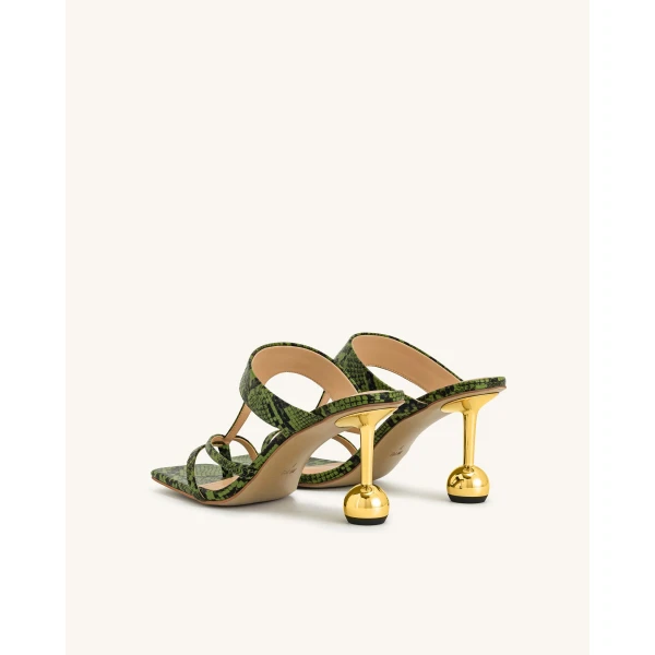 JW PEI Cora Snakeskin Heeled Flip-Flops in Green | Sandals | Coveti