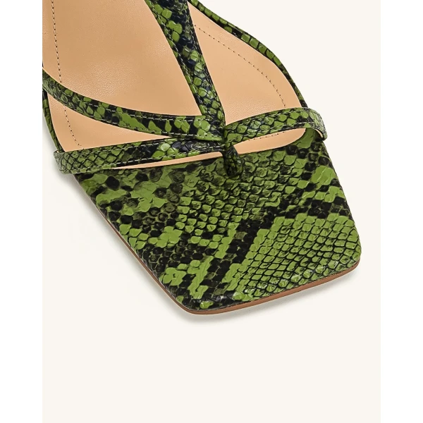 JW PEI Cora Snakeskin Heeled Flip-Flops in Green | Sandals | Coveti