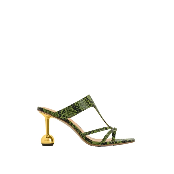 JW PEI Cora Snakeskin Heeled Flip-Flops in Green | Sandals | Coveti