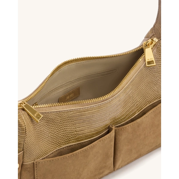 JW PEI Corinne Lizard-Embossed Faux Suede Shoulder Bag in Khaki | Shoulder & Crossbody Bags | Coveti
