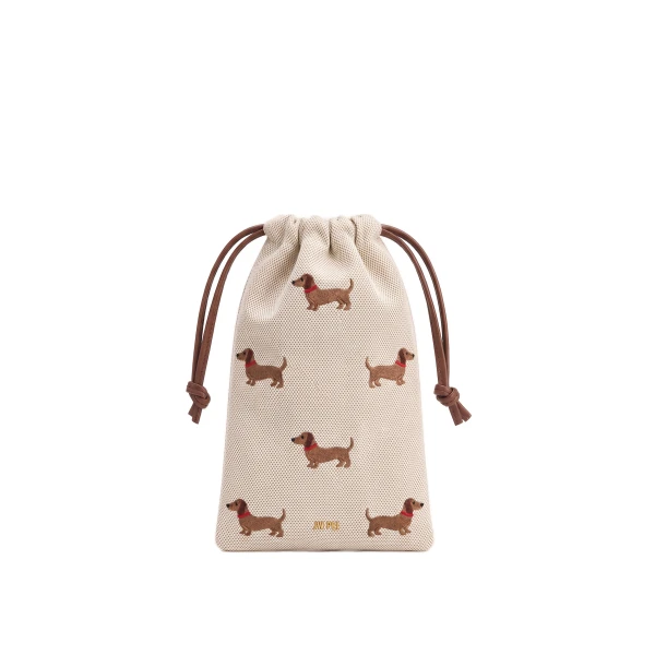 JW PEI Dachshund Embroidered Canvas Drawstring Phone Bag in Beige | Bucket Bags | Coveti