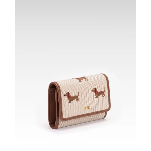JW PEI Dachshund Embroidered Canvas Wallet in Beige | Wallets & Purses | Coveti