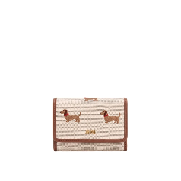 JW PEI Dachshund Embroidered Canvas Wallet in Beige | Wallets & Purses | Coveti