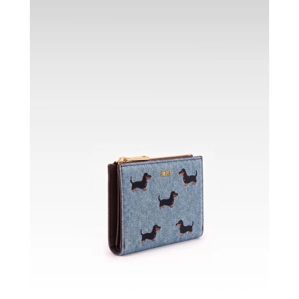 JW PEI Dachshund Embroidered Denim Bifold Wallet in Blue | Wallets & Purses | Coveti