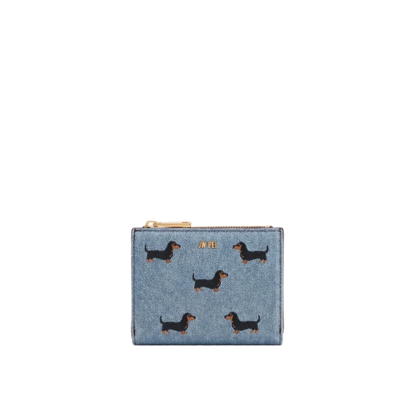 JW PEI Dachshund Embroidered Denim Bifold Wallet in Blue | Wallets & Purses | Coveti