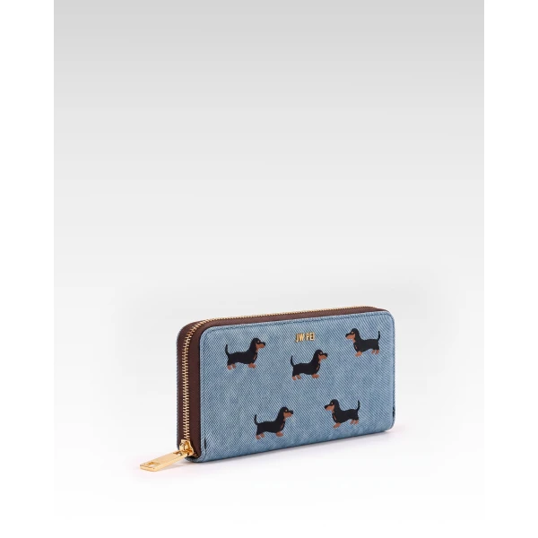 JW PEI Dachshund Embroidered Denim Zip Wallet in Blue | Wallets & Purses | Coveti