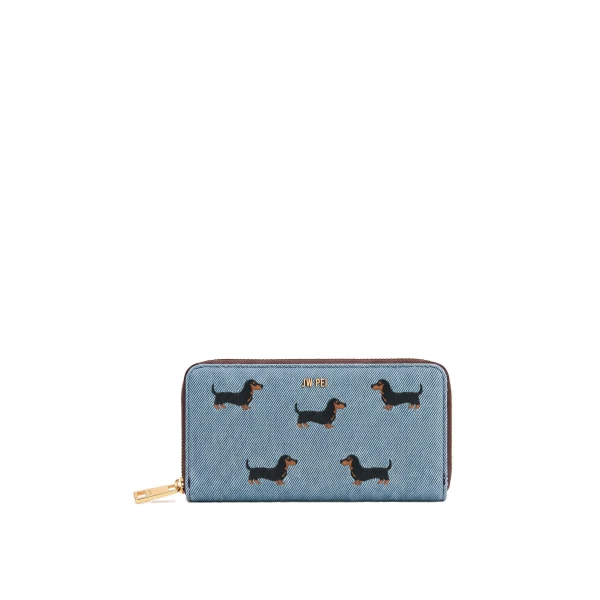JW PEI Dachshund Embroidered Denim Zip Wallet in Blue | Wallets & Purses | Coveti